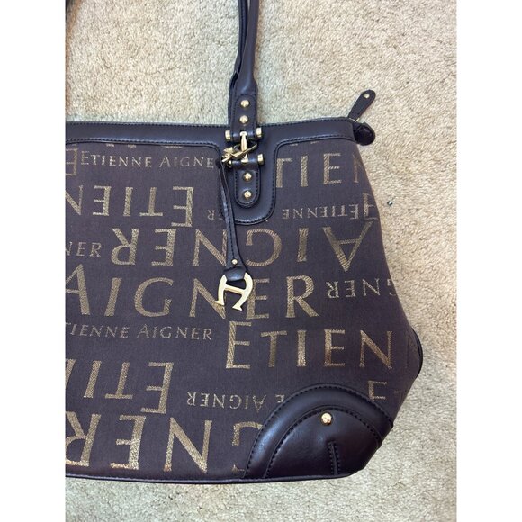 Etienne Aigner Signature Canvas Leather Edge Tote Shoulder Bag Chocolate Brown - Picture 7 of 16